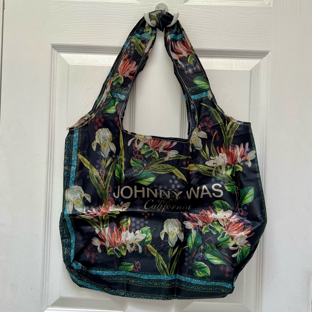 Johnny Was Black Floral Reusable Tote with Green Leaves and Pink Blooms One Size